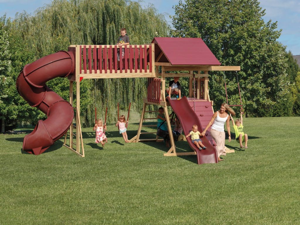 Backyard Playground Set of Swing and Maroon Tunnel Slide