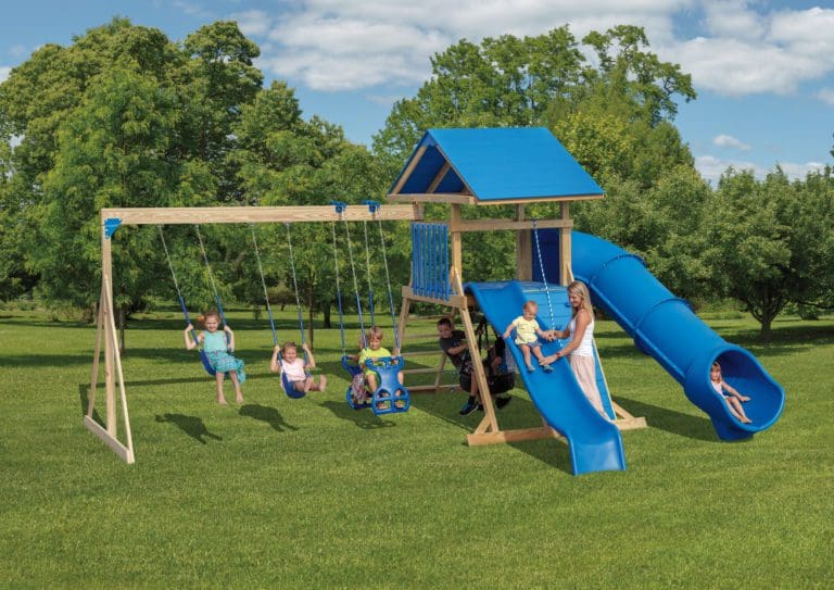 Backyard Playground Set of Wood and Blue Slide