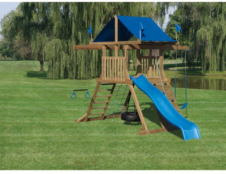 Backyard Playground Set of Wood and Blue Slide
