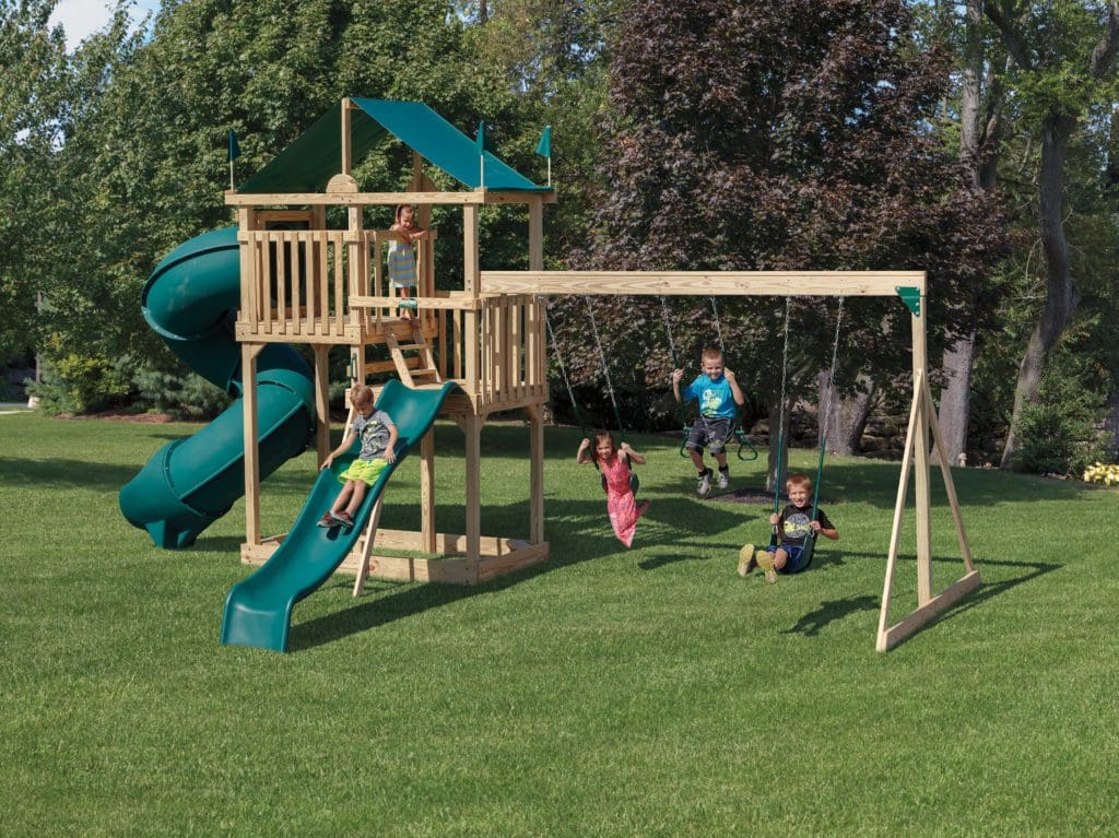 Backyard Playground Set of Wood and Blue Green Spiral Tunnel Slide