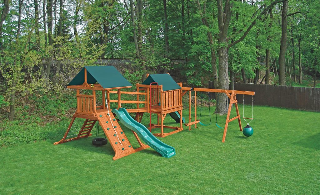 Outdoor Play Systems Amish Built Swing Sets Built with Wolmanized Pine. Durable and Less expensive than other brands.