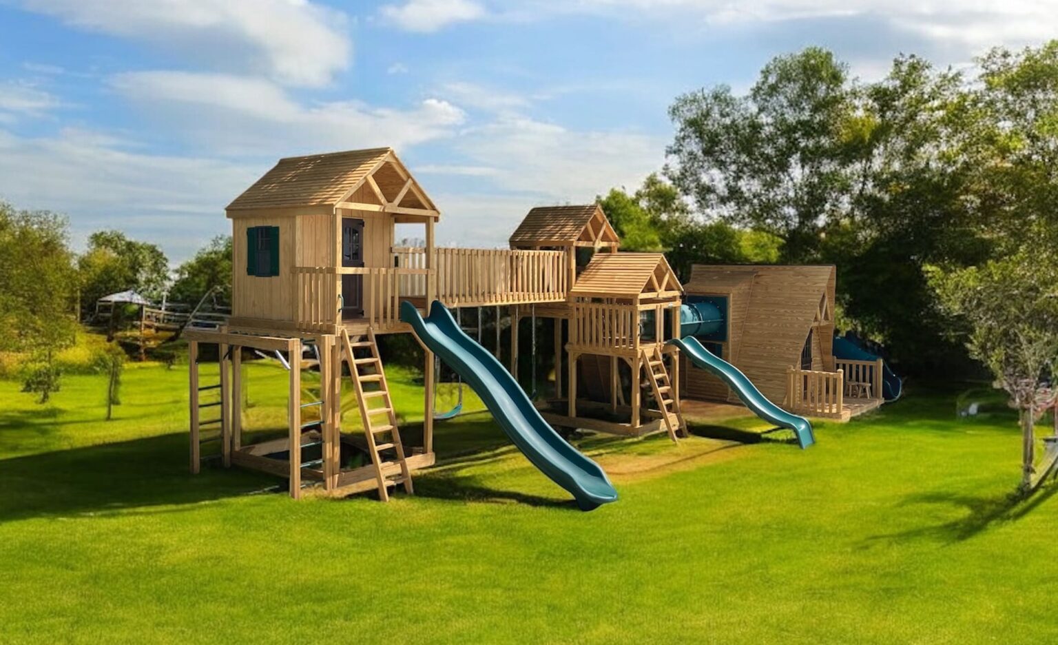 1209 Backyard Playstations Premium Outdoor Treated Pine Swing set Double tower with Tee pee in green grassy backyard.