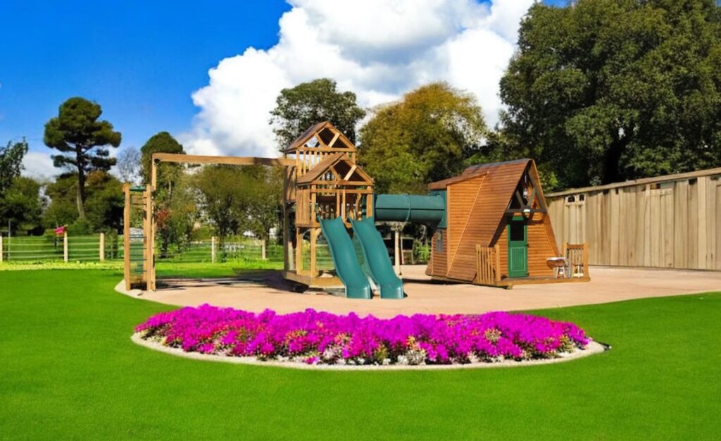 1212 Backyard Playstations Tee Pee and Rustic Double Tower Wood Swing set and Playhouse in Treated Outdoor Pine