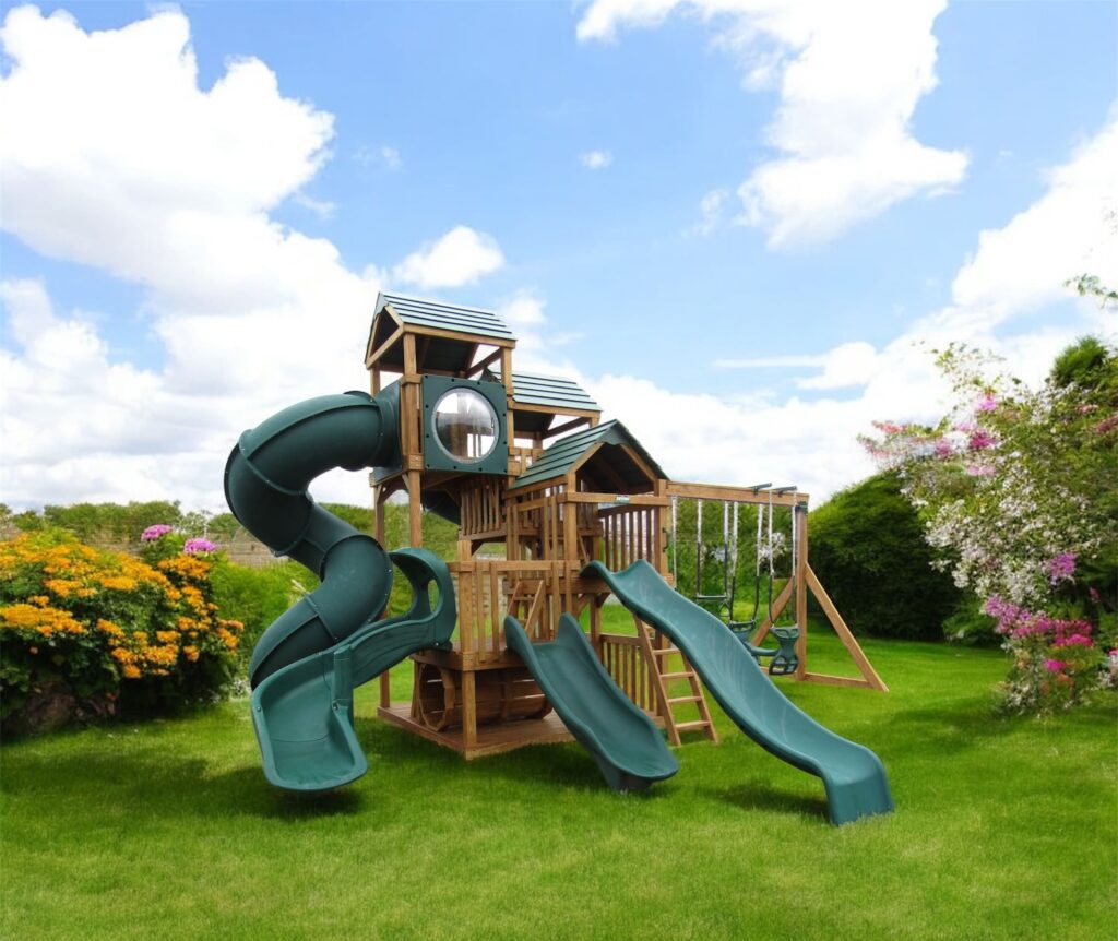 1302 Backyard Playstations Premium Pine wood Swing Set with lots of slides in a beautiful backyard on a sunny day.