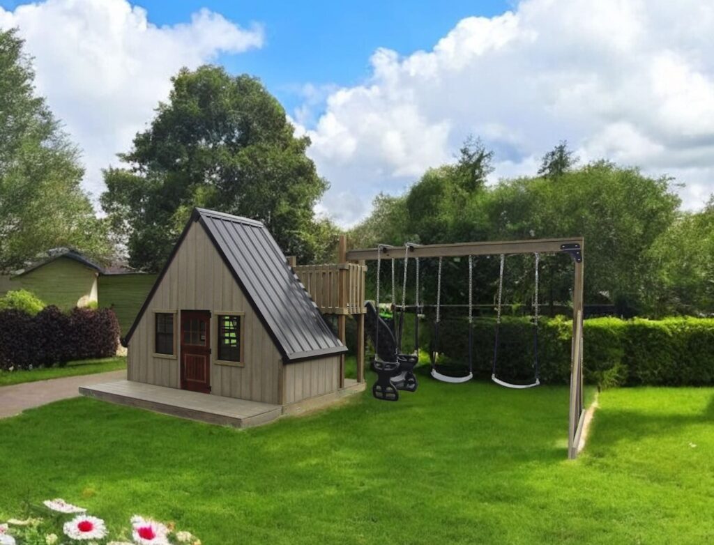 Backyard Playstations 1418 TeePee A-Frame Playhouse swing set made with dura temp siding and poly lumber roof. In garden backyard with lush grass.