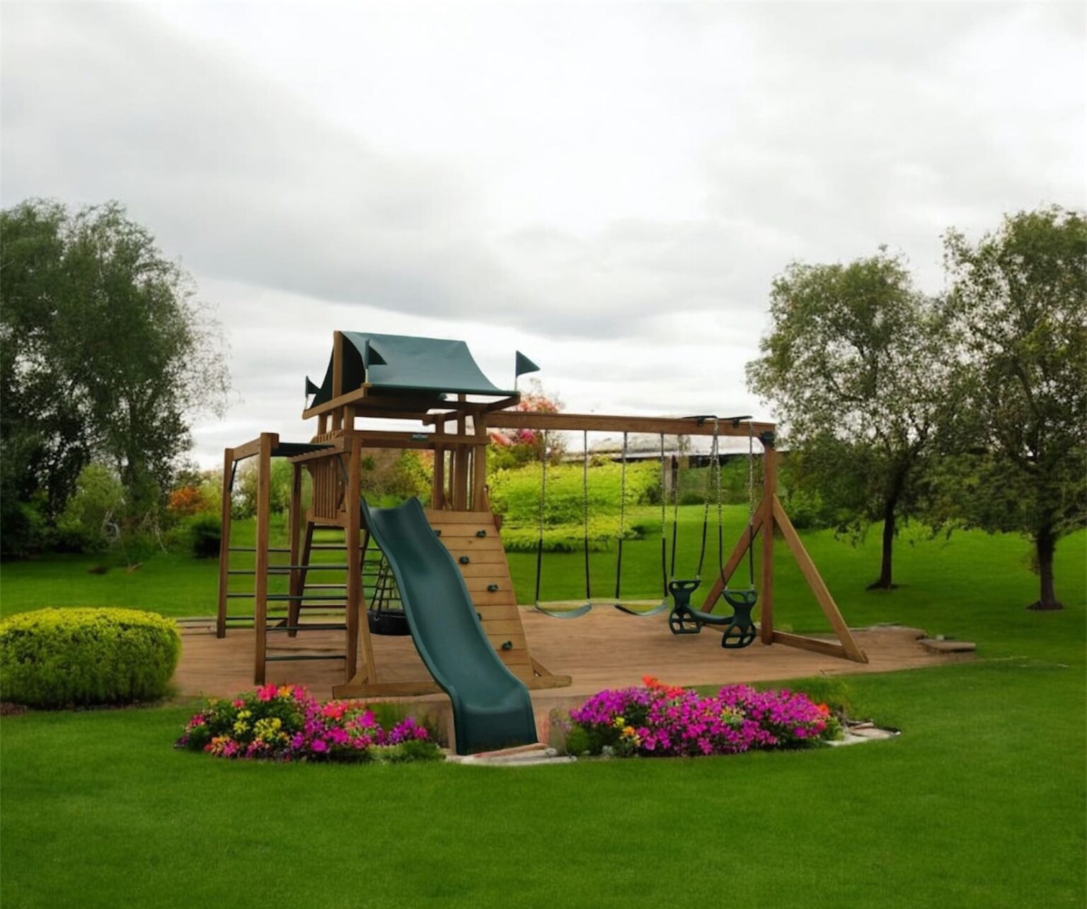 1610 Backyard Playstations Premium Outdoor Treated Premium Pine Wood Swing Set Built by Amish Craftsmen with Brown semitransparent stain. In a beaustiful garen setting.