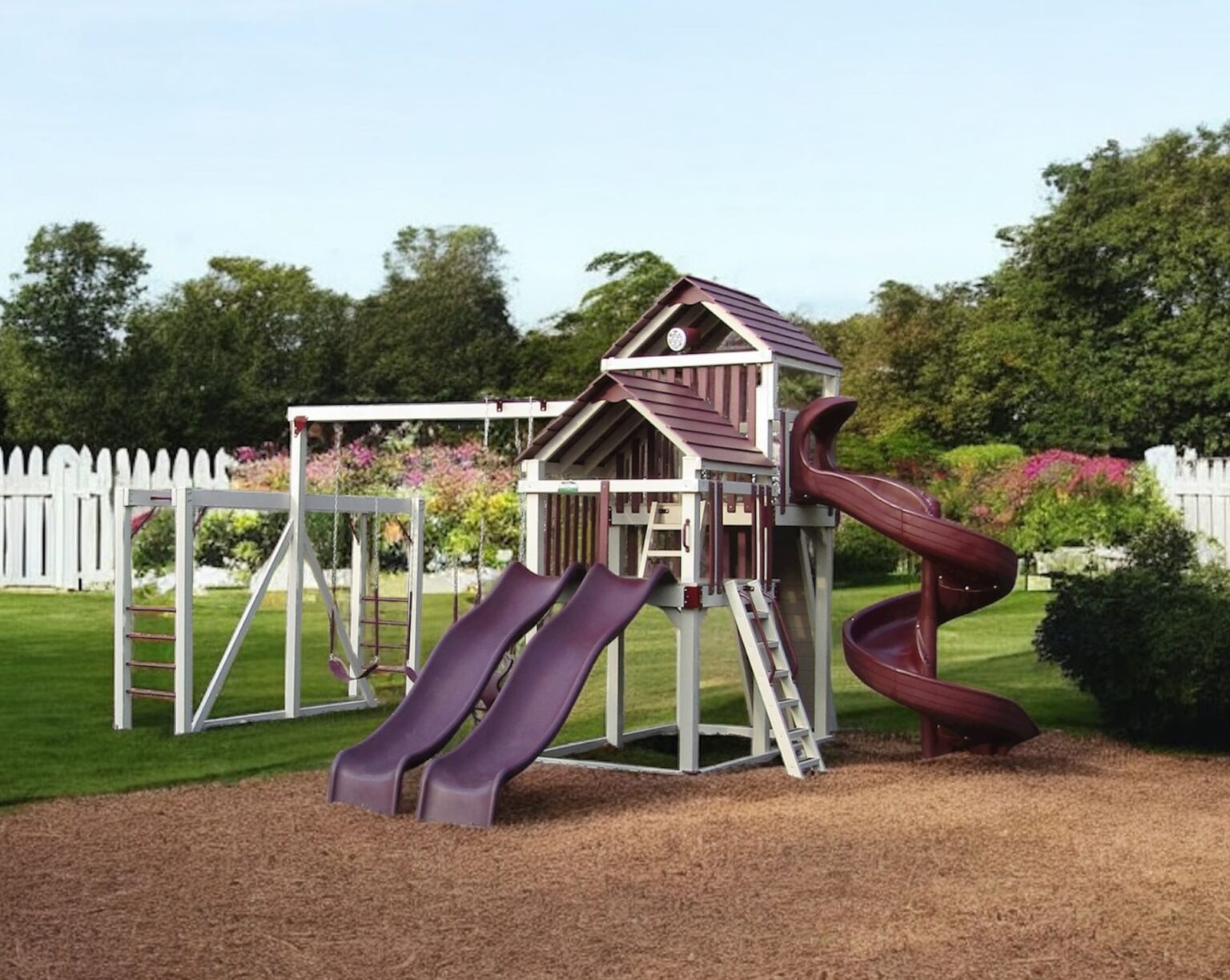 302 Backyard Playstations Vinyl Swing Set Double Tower in Backyard with Fence and garden