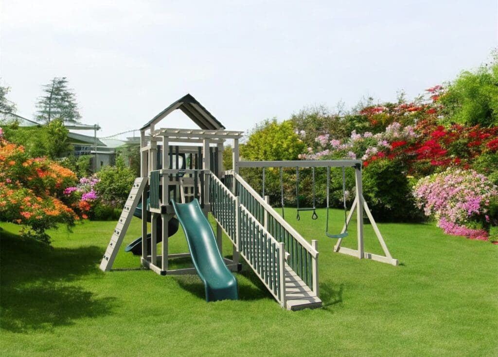 Backyard 305 Premium Vinyl Swing Set in Backyard garden.