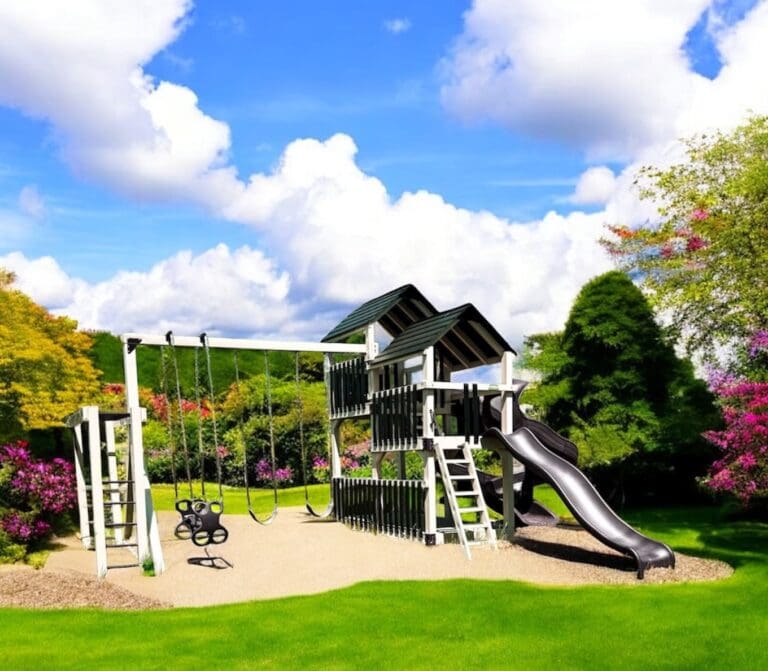 307 Backyard Premium Vinyl Swing set in Backyard Gardern with Pink flowers and sandy area.