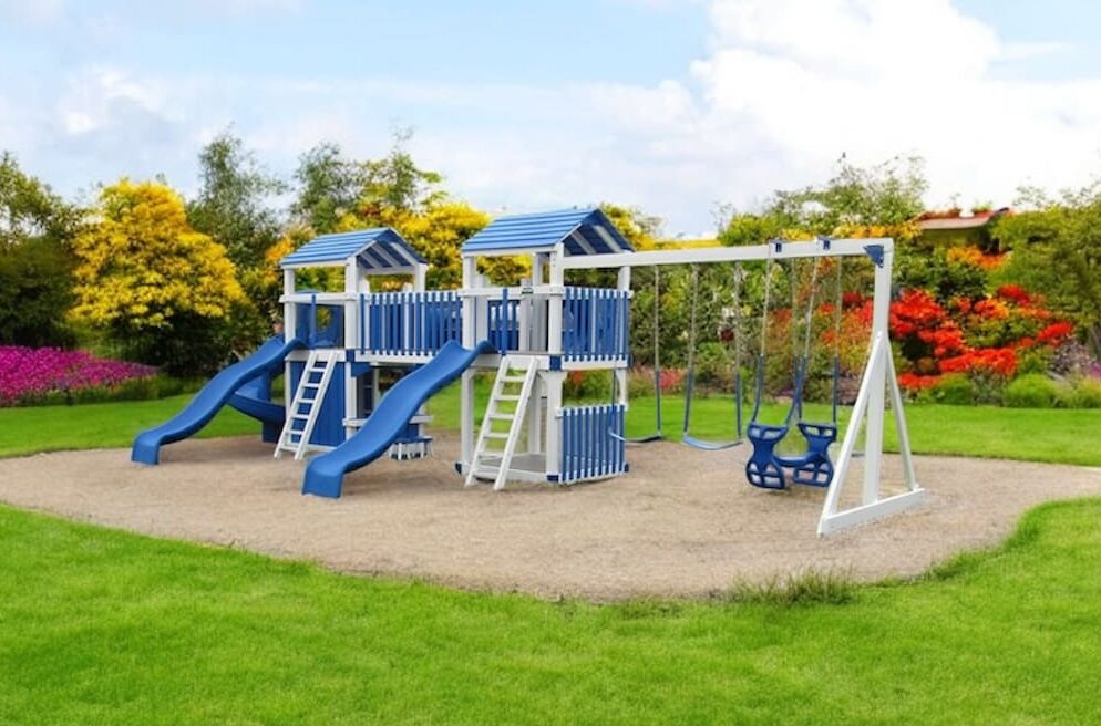 401 Backyard Playstations Premium Vinyl Swing set in Lush garden landscape.