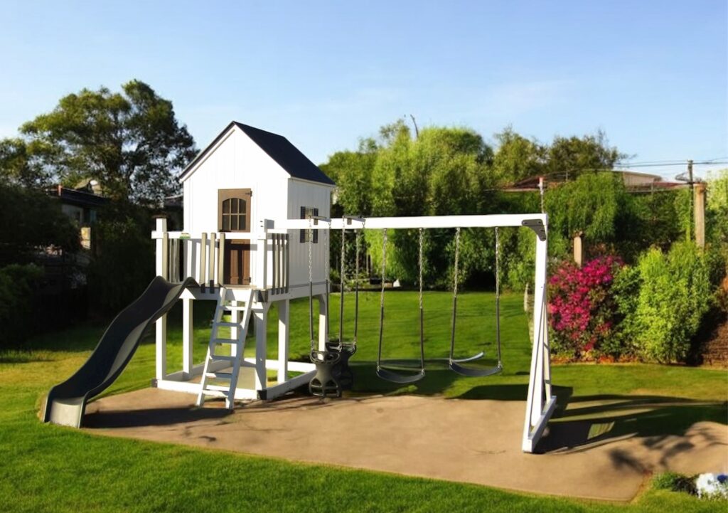 503 Backyard Vinyl Swing set with Playhouse in lush backyard garden setting.