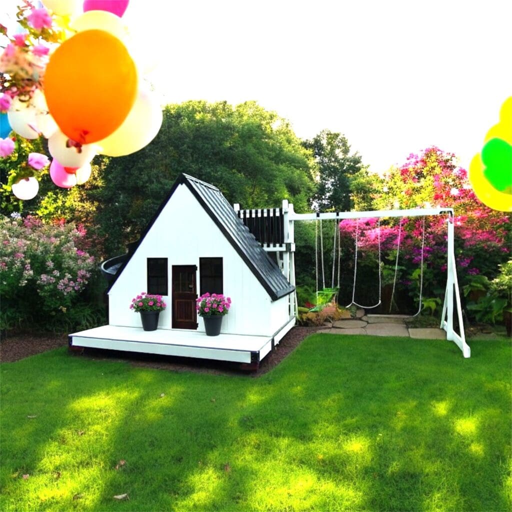 Backyard 504 Vinyl Playhouse with Swing Set In Backyard Party