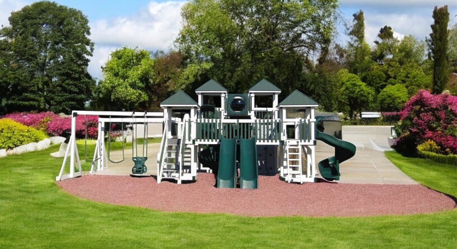 The beautiful commerical sized Backyard Playstations 605 Premium Vinyl Swing Set Playground in a lush garden.