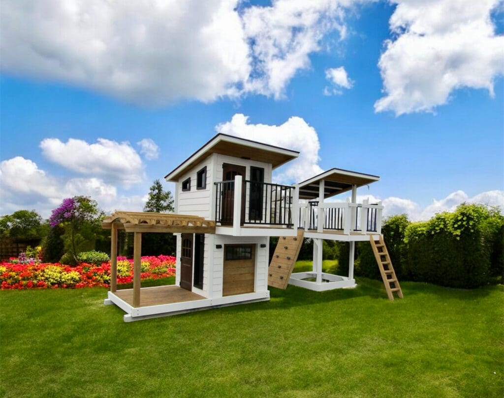 Modern 2-story playhouse in backyard with garden and blue sky with fluffy white clouds