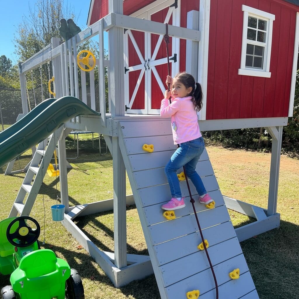 Little girl climbing the rock wall on her new barn playhouse